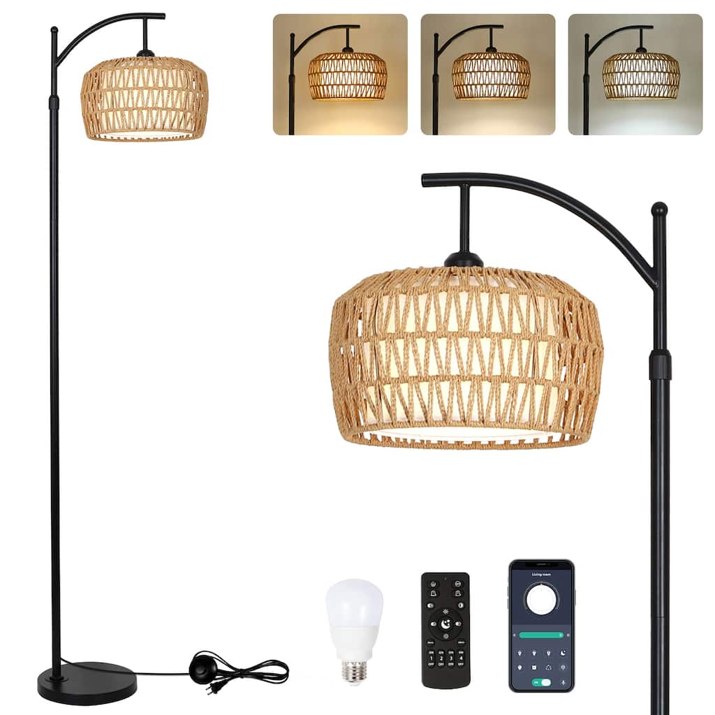 Arc Floor Lamps for Living Room, Dimmable Rattan Floor Lamp with Remote & LED Bulb, Mid Century Modern Standing Lamp