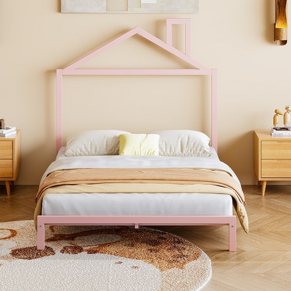 slide 2 of 48, Metal Platform Bed for Kids, Low Bed Frame with House Shaped Headboard & Slats Support, No Spring Box Need, Easy to Assembly