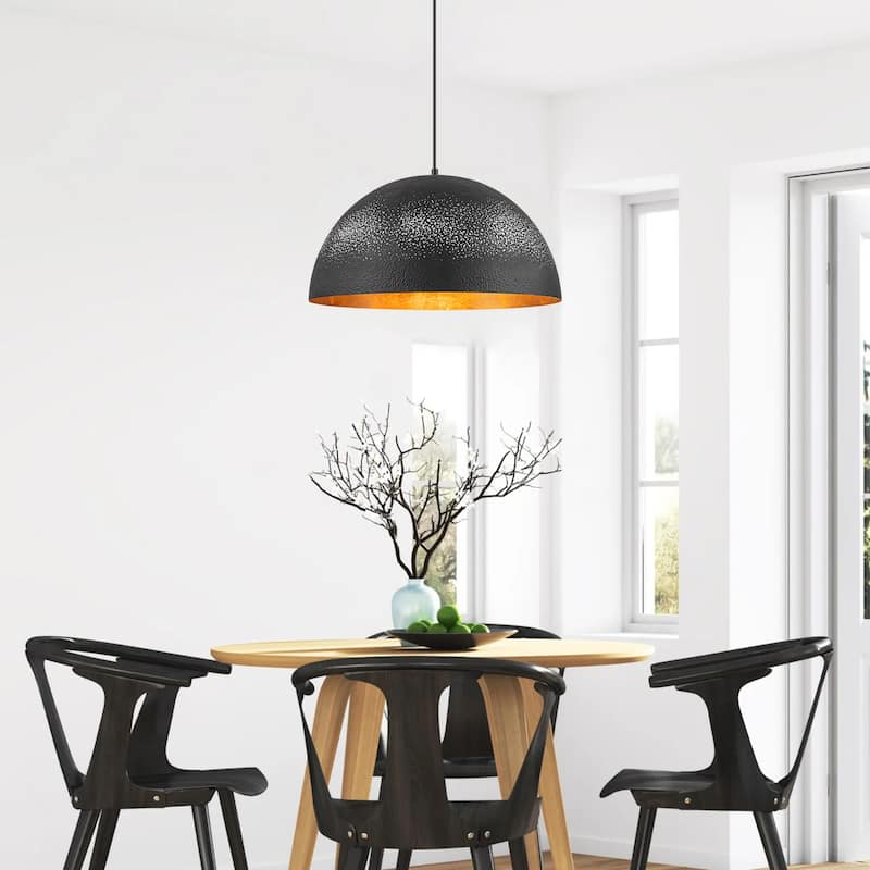1-Light Vintage Industrial Painted Black Gold Leaf Dome Pendant Kitchen Island Lighting - 19.6 in. W x 11.8 in. H