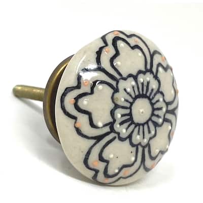 Floral Design Ceramic Round Flat Cabinet, Drawer Knobs - Set of 6