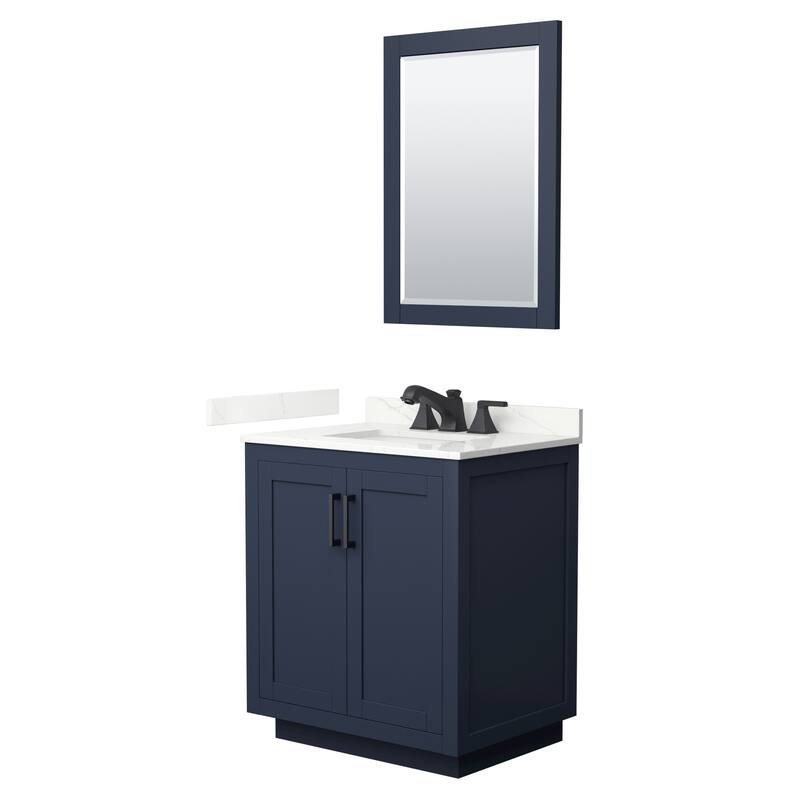 Miranda 30-inch Single Vanity, Quartz Top, 24-inch Mirror - Dark Blue, Black Trim, Giotto Quartz Top
