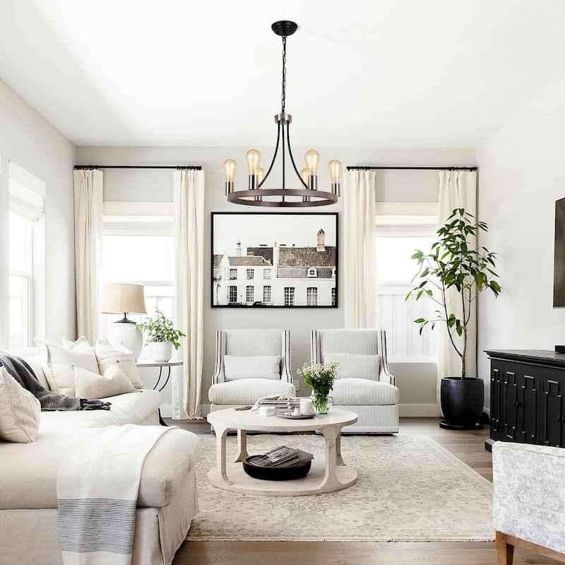 6-Light Farmhouse Metal Round Wagon Wheel Chandelier for Dining Room Living Room Bedroom Kitchen - 19.68'' D x 16.14'' H