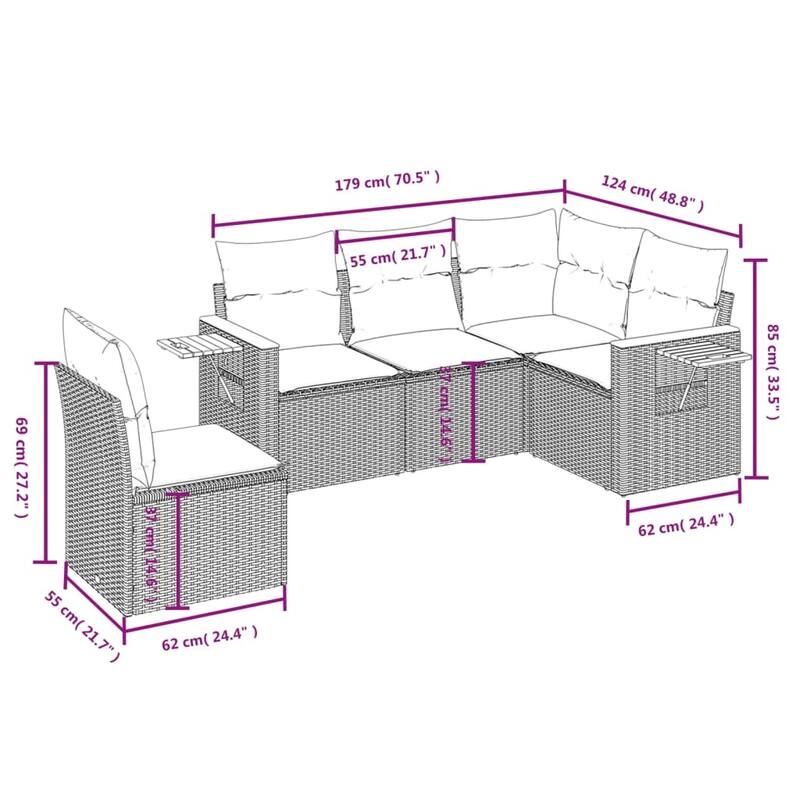vidaXL 5 Piece Patio Sofa Set with Cushions Black Poly Rattan