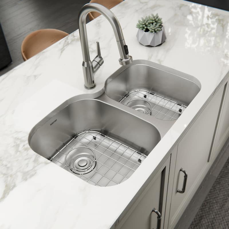 Karran Profile 31" Undermount 18 Gauge Double Offset Bowl Stainless Steel Kitchen Sink with Accessories