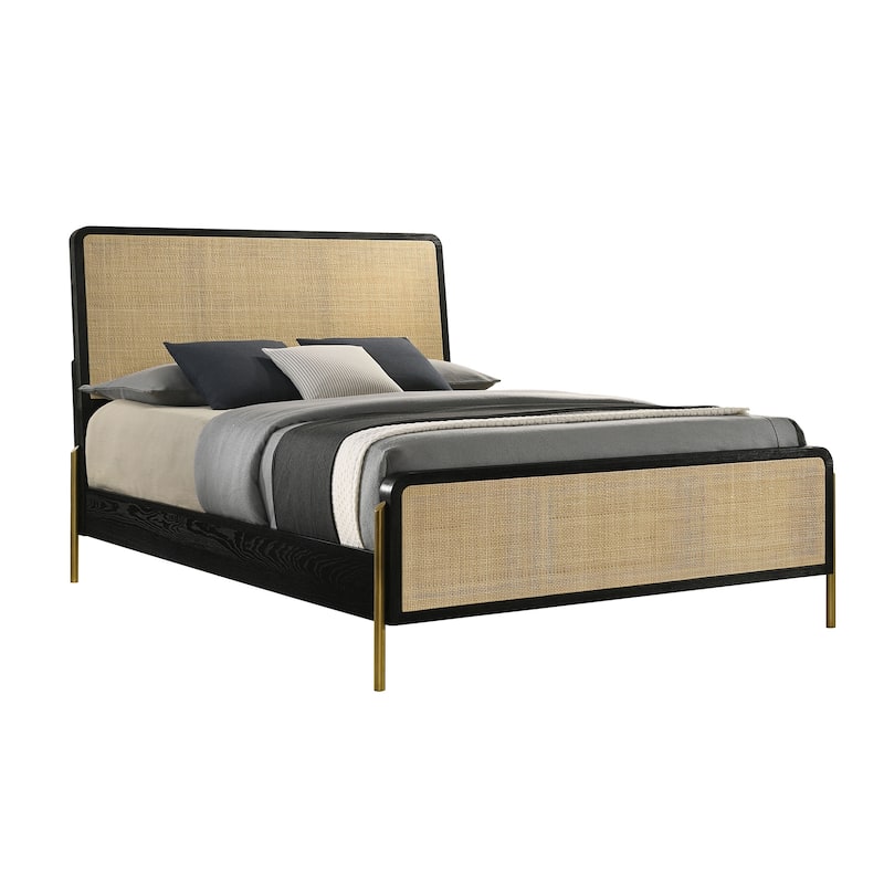 Woven Rattan Panel Bed with Metal Legs in Black and Natural - King