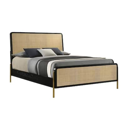 Woven Rattan Panel Bed with Metal Legs in Black and Natural