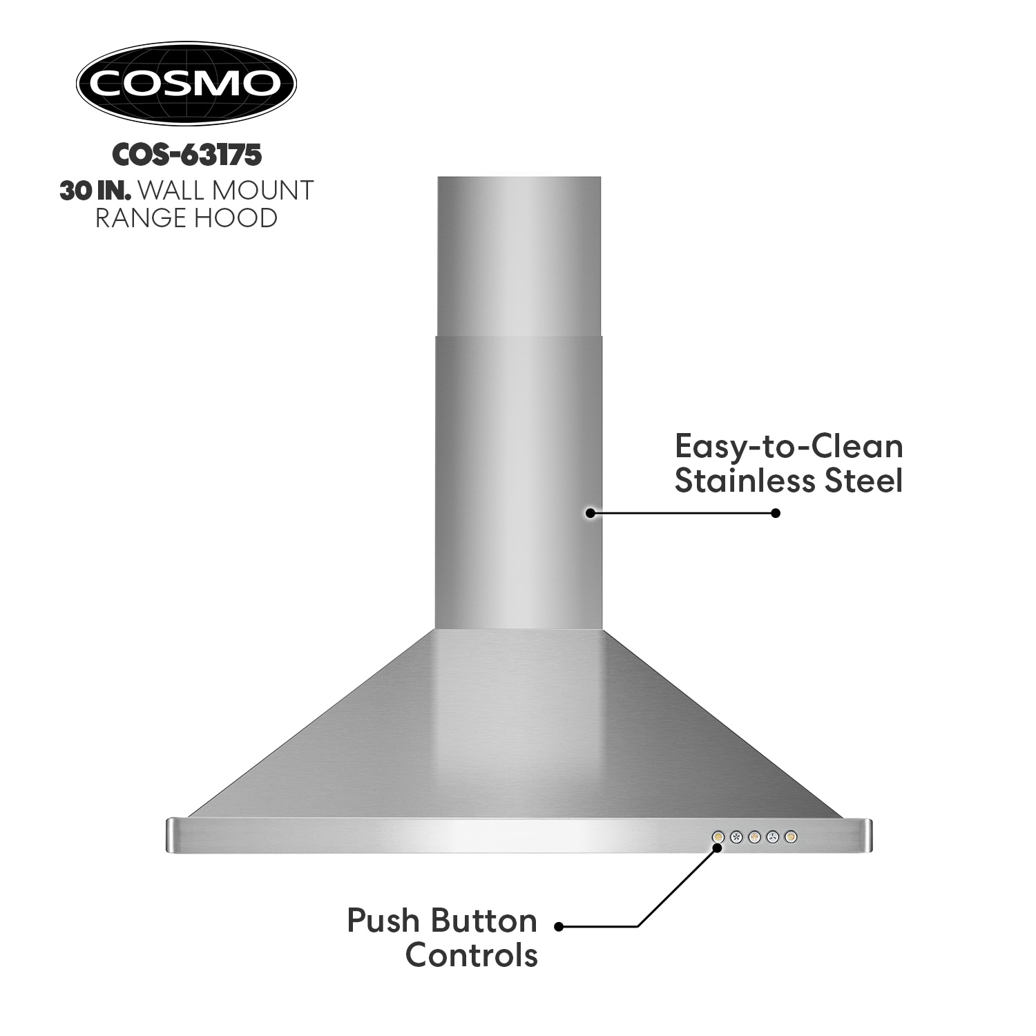 30 in. Ducted Wall Mount Range Hood in Stainless Steel, 380 CFM, Push  Buttons
