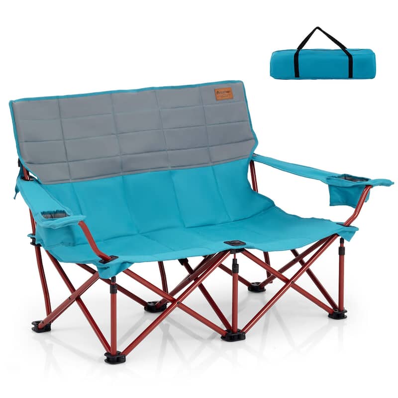 Gymax Oversized Camping Chair Folding Loveseat Camping Couch w/ Cup - Blue