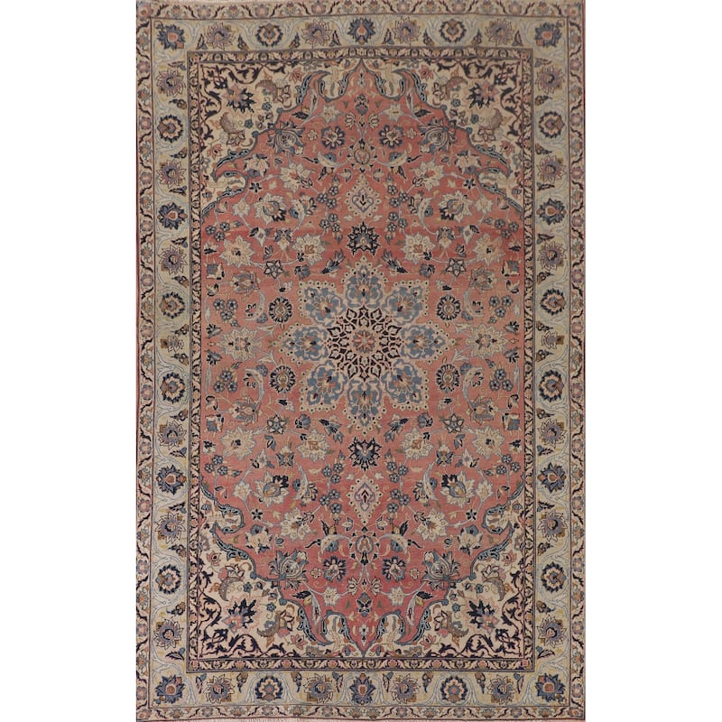 Pink Isfahan Persian Vintage Area Rug Hand-Knotted Wool Carpet - 6'7"x 10'2"