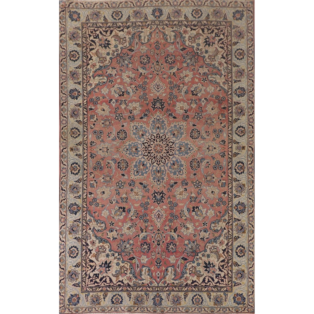 Pink Isfahan Persian Vintage Area Rug Hand-Knotted Wool Carpet - 6'7"x 10'2"