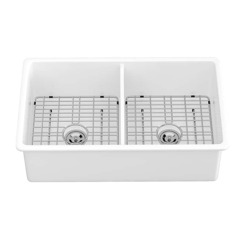 32" Undermount Double Bowl Ceramic Kitchen Sink in White - 32'' x 19'' x 10''