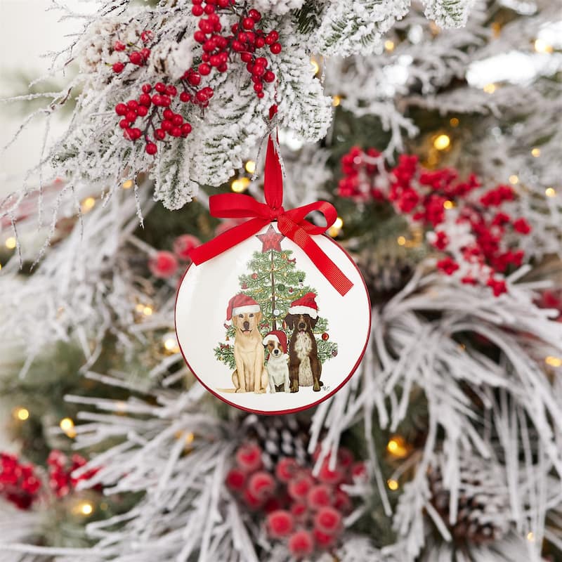 Set of 12 Dog Christmas Tree Ornaments Iron Disc Decor with Festive Ribbon for Holiday Display - 6”L x 1”W x 6”H