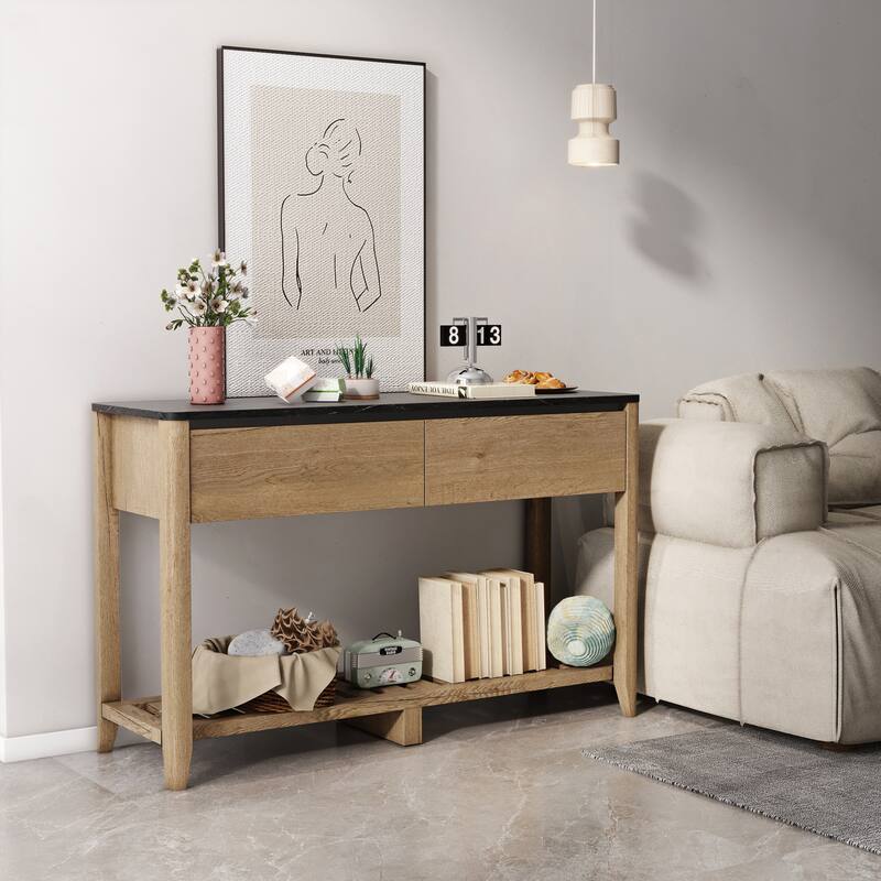 47 Inch Double Drawers Console Table, Tobacco Wood and Black Marble