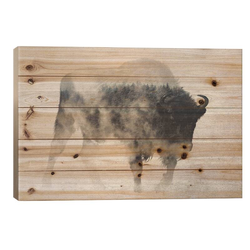 Bison In The Fog Print On Wood by Andreas Lie - Multi-Color - 18x26x1.5