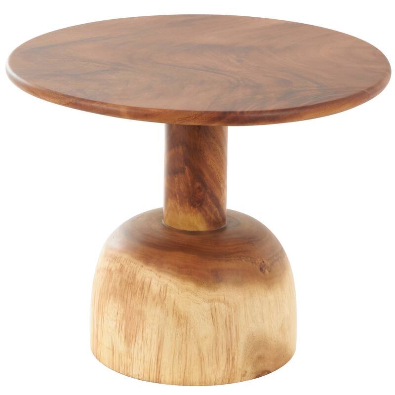 Brown Wood Handmade Side End Accent Table with Cylinder Block Base