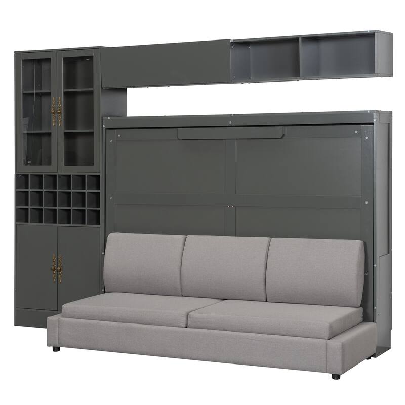 Space-Saving Full Size Murphy Bed with Sofa, Shelves, USB & Light in Gray