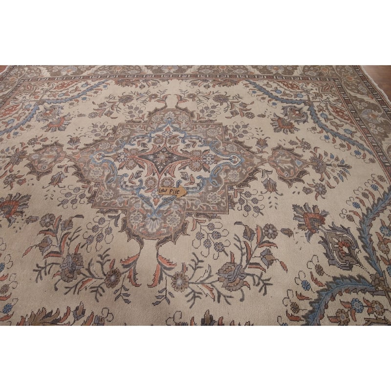 Beige Tabriz Vintage Persian Area Rug Handmade Wool Carpet - 9'6" x 12'7"