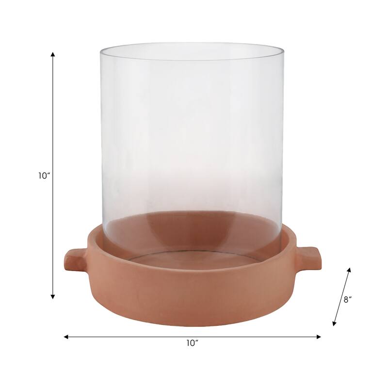 Modern Glass Hurricane Candle Holder with Terracotta Base - 10"