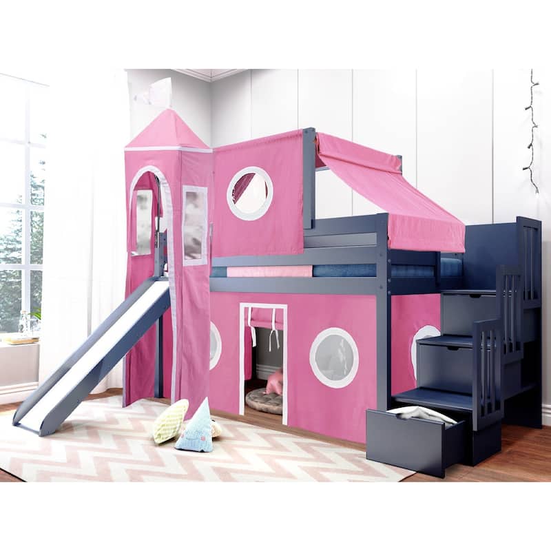 JACKPOT Prince & Princess Low Loft Twin Bed, Stairs Slide Tent & Tower - Blue with Pink & White Tent
