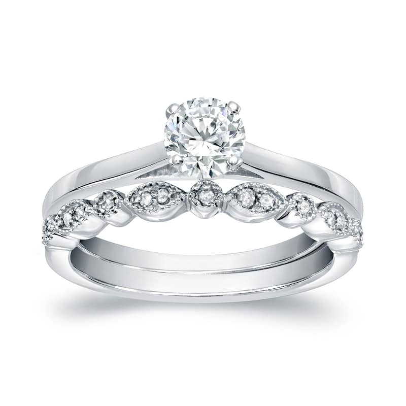 Auriya 14k Gold 1/2ctw Vintage Round Solitaire Diamond Engagement Ring Set - White - 4