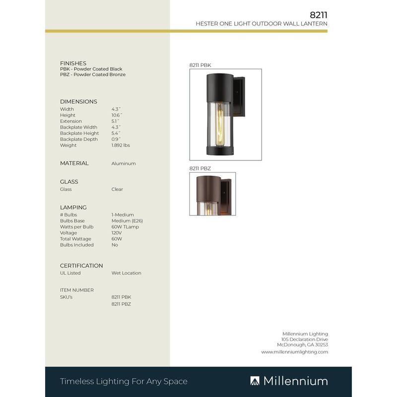 Millennium Lighting Hester 1 Light Outdoor Wall Sconce with Clear Glass Shades