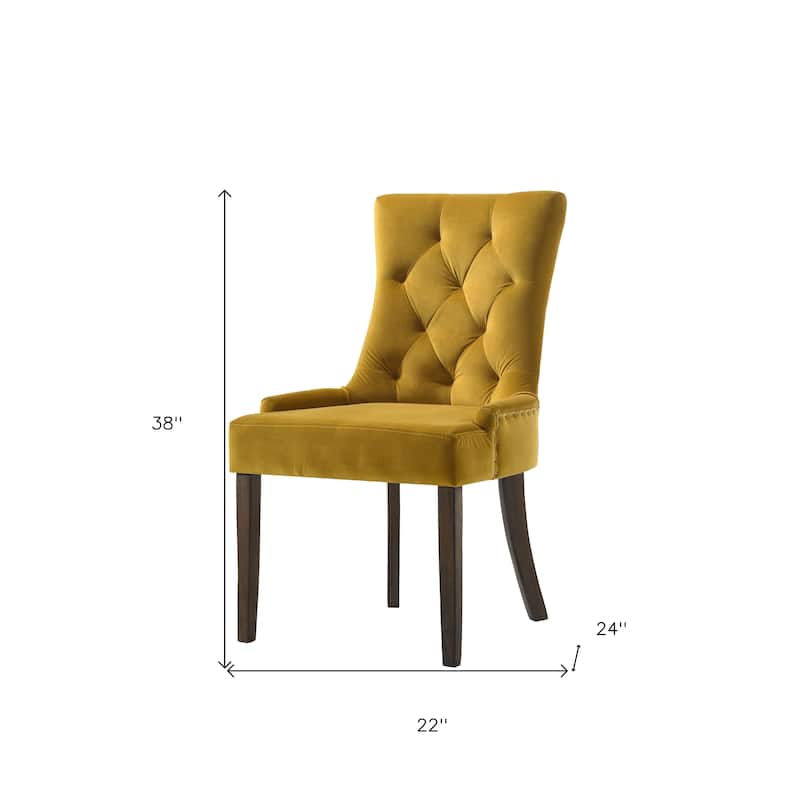 HomeRoots Set of Two Tufted Yellow and Espresso Upholstered Velvet And Solid Wood Dining Side Chairs