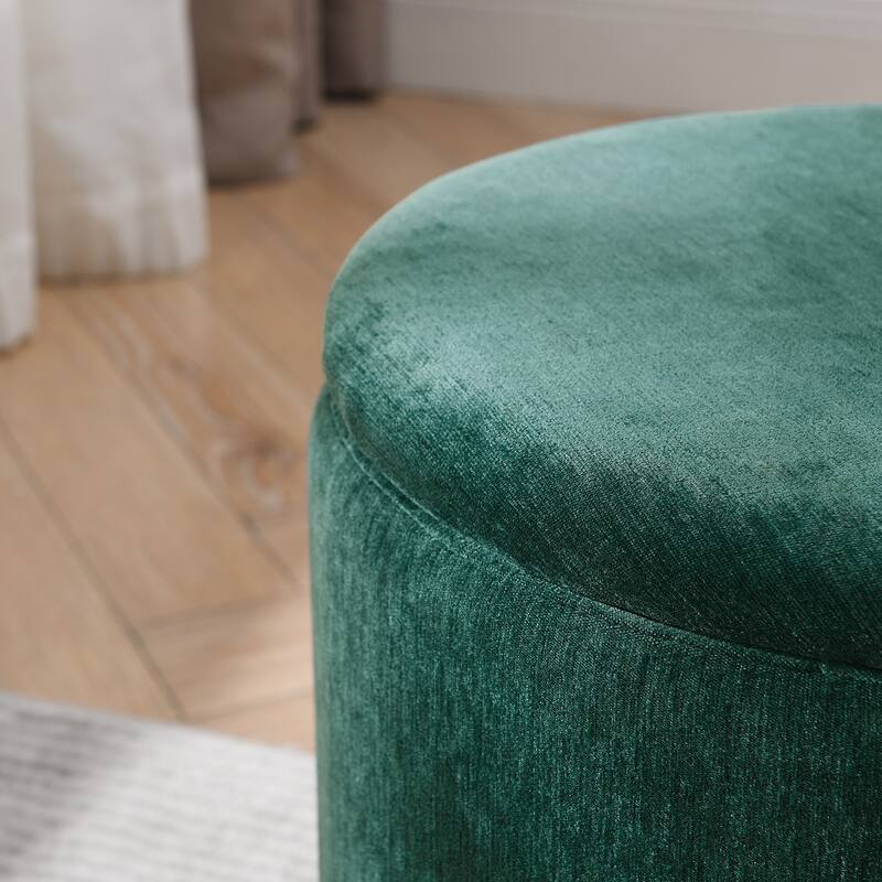 Roomfitters 2-Piece Round Chenille Storage Ottoman Set with Drum-Shaped Stool and MDF Top, Hidden Compartment