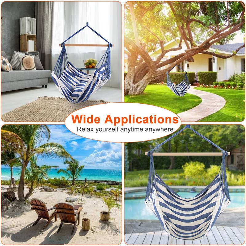 Cotton Canvas Swing Seat Hanging Hammock Chair with Pillows and Wooden Bar for Indoor or Outdoor - 39” x 51”