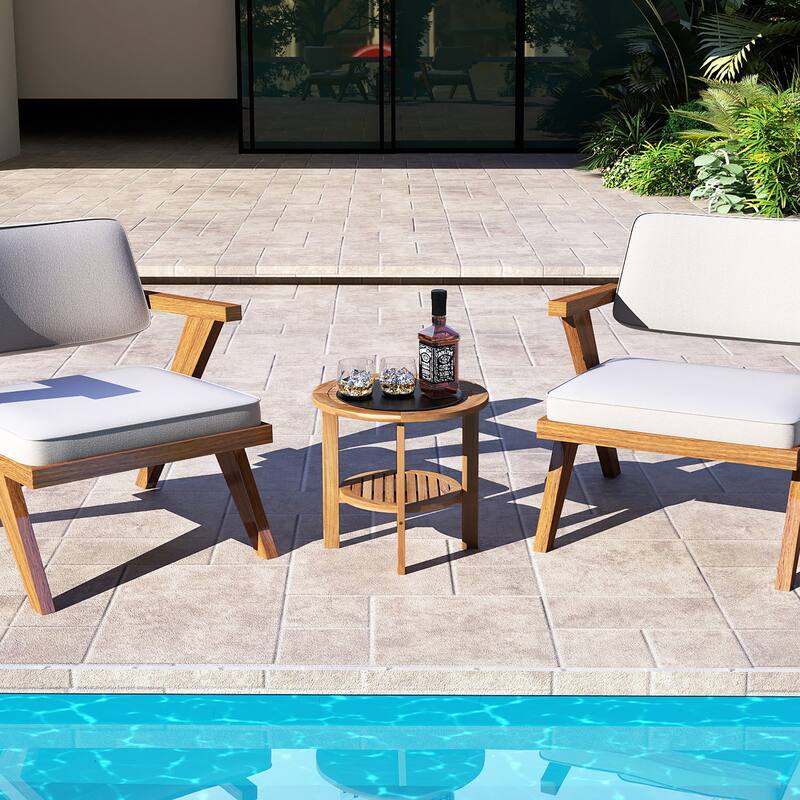 Gymax Teak Wood 2-Tier Side Table 19.5'' Round Coffee Table End Table