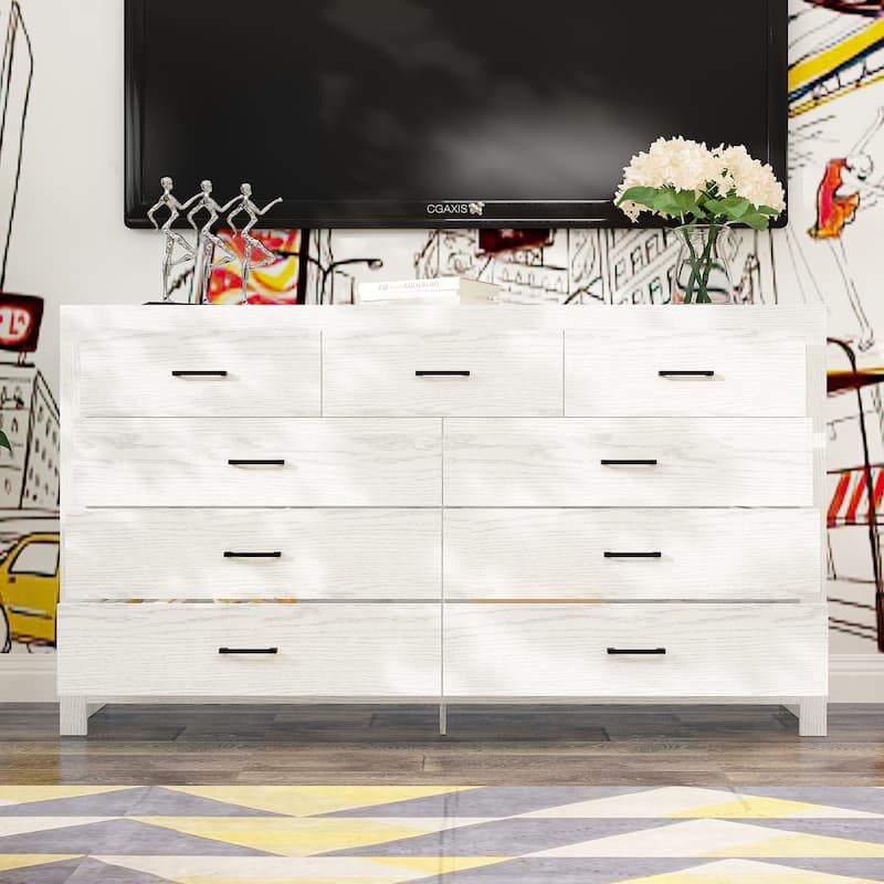 63" White 9 Drawer Dresser for Bedroom, Modern Wide Wood Storage Dresser with Metal Handles