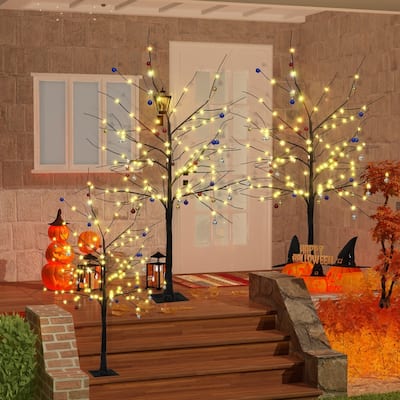 Mieres Set of 3 Birch Tree with LED Lights, 4FT 5FT 6FT Prelit Christmas Tree, Artificial Tree with Warm White Lights