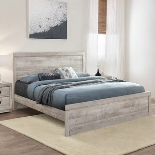 Farmhouse King Size Platform Bed with 10-Wooden Slats, No Box Spring Needed, Rustic White