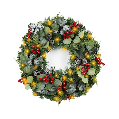 24" Eucalytpus Christmas Wreath with Red Berries and Lights