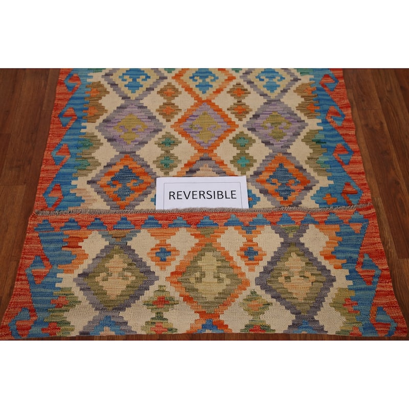 Geometric Kilim Area Rug Hand-woven Wool Carpet - 3'3" x 4'9"