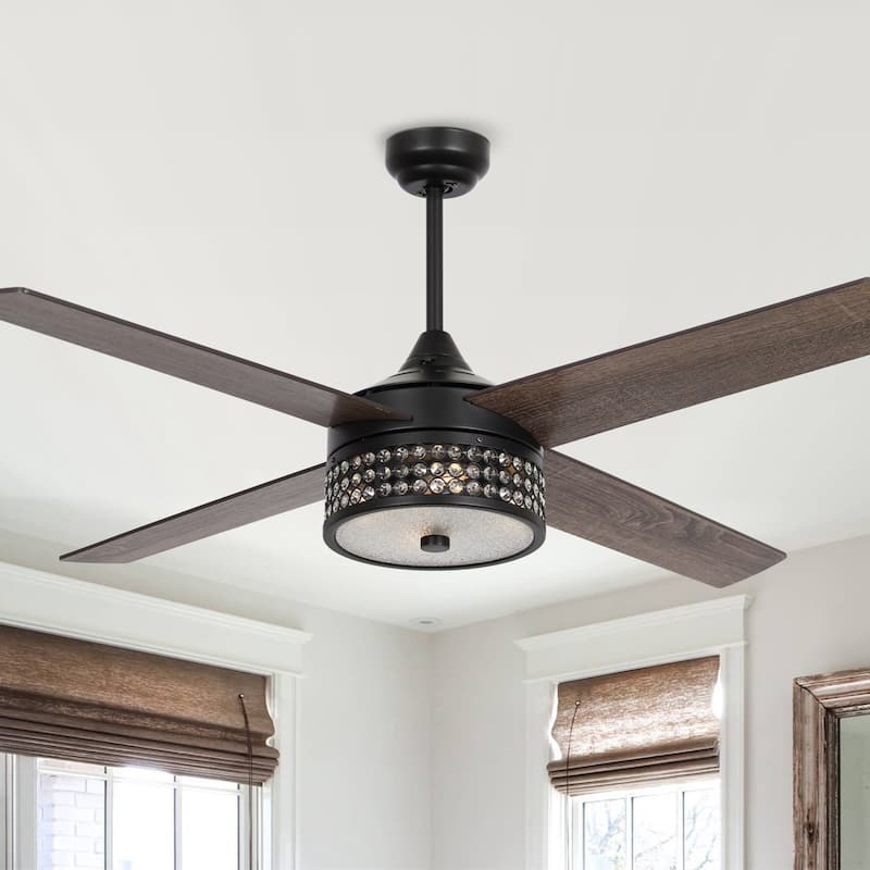 52-inch Matte Black Plywood 4-Blade Crystal Ceiling Fan with Remote - 52-in