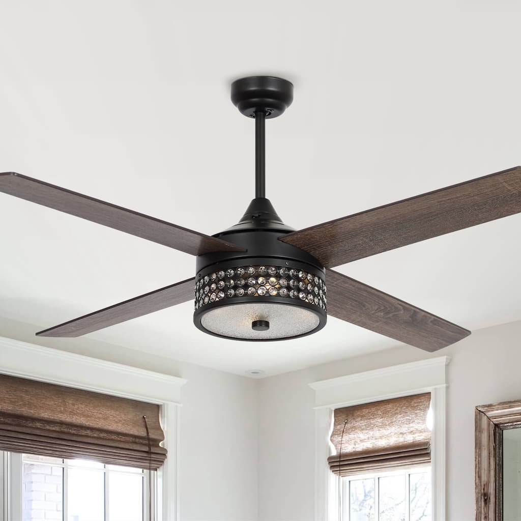 52-inch Matte Black Plywood 4-Blade Crystal Ceiling Fan with Remote - 52-in