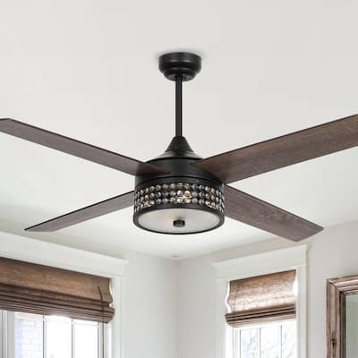 52-inch Matte Black Wood 4-Blade Crystal Ceiling Fan with Remote