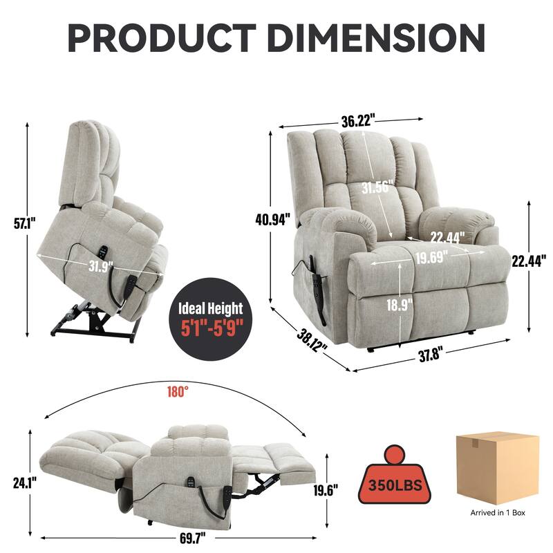 Motor Heat Massage Infinite Position Up to 350 LBS Electric Power Lift Recliners with Power-Remote, Medium-firm and Heavy Duty