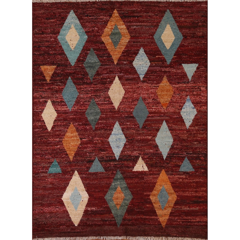 Hand Knotted Oriental 100% Wool Carpet Modern Tribal Red Moroccan Area Rug - 7' 7'' X 5' 9''