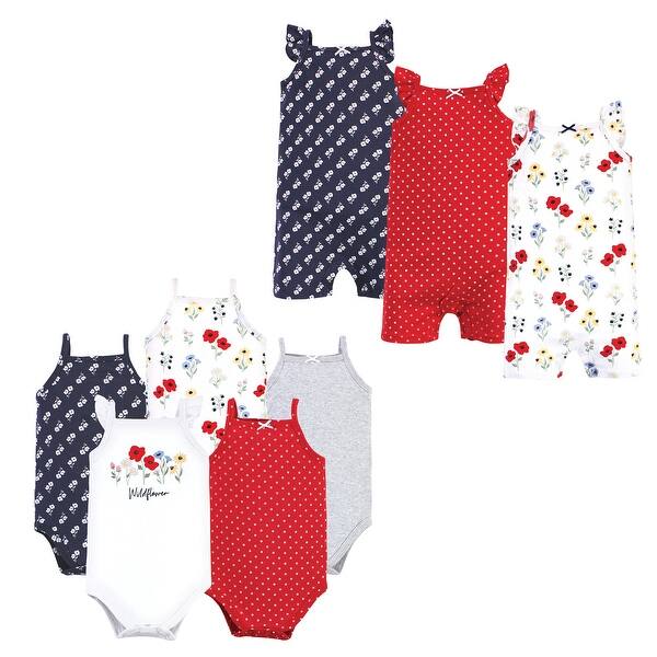 slide 1 of 1, Hudson Baby Infant Girl Cotton Bodysuits and Rompers, 8-Piece, Wildflower 0 - 3 Months - Red