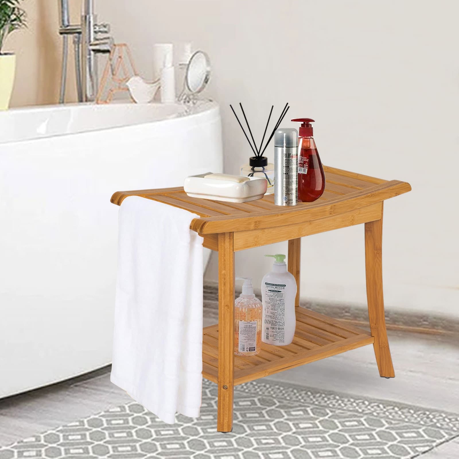 Kinbor Bamboo Shower Bench Stool Spa Bath Seat, Shower Chair, Shoe