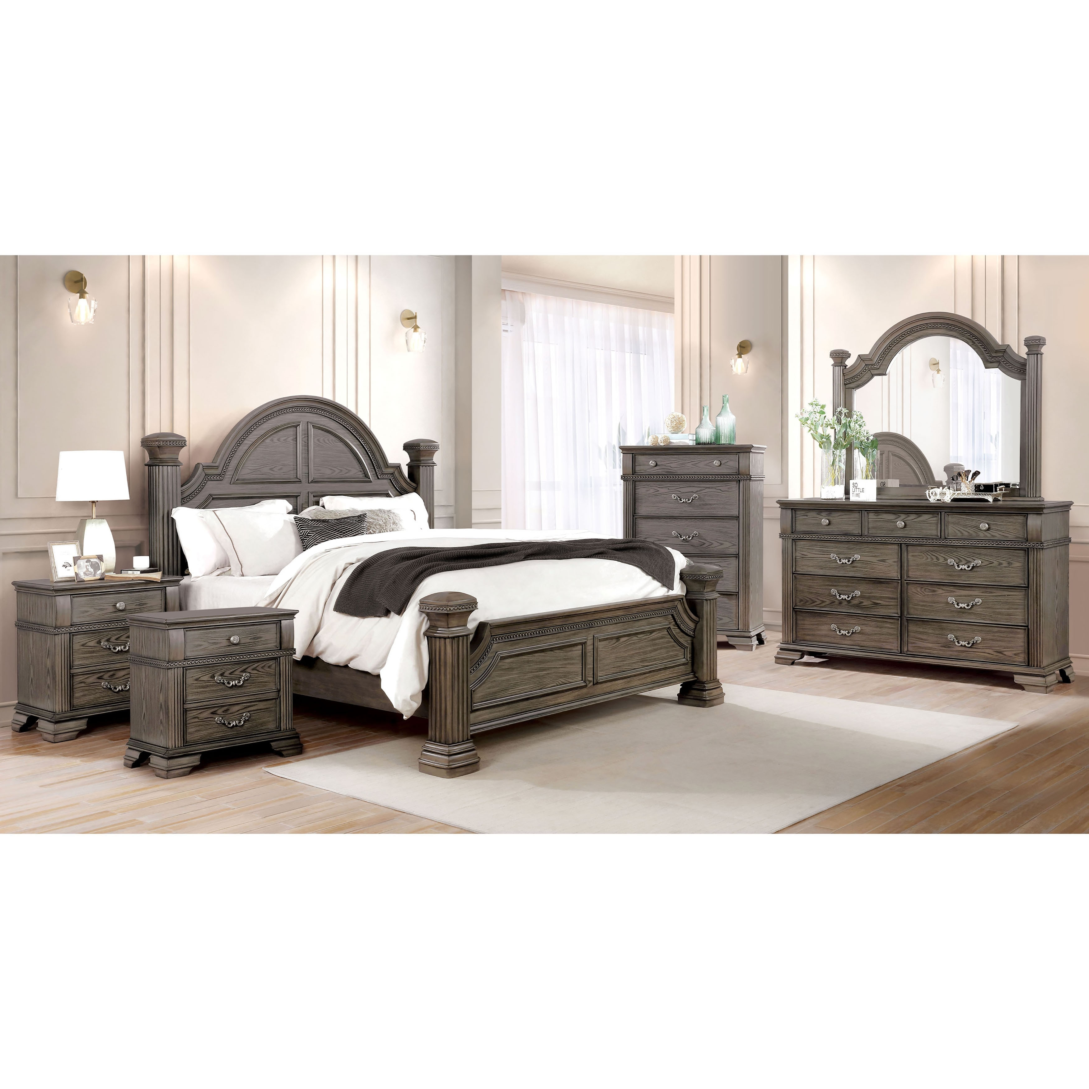 Furniture of America Stroh Traditional Wood 6-Piece Poster Bedroom Set with USB