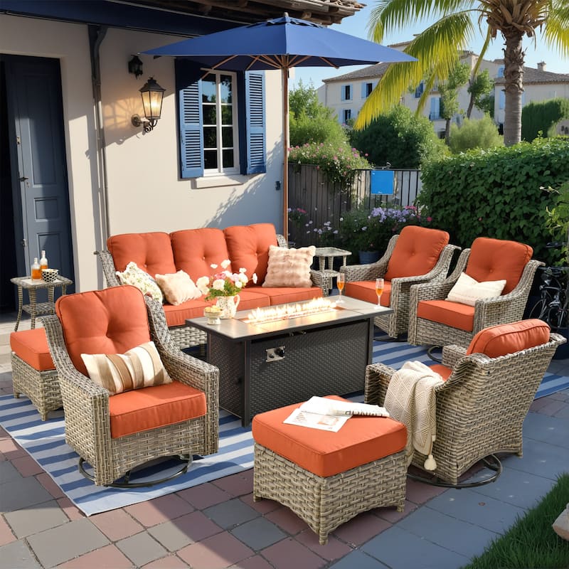 HOOOWOOO 10-piece Wicker Outdoor Patio High Back Swivel Chair Set with Fire Pit