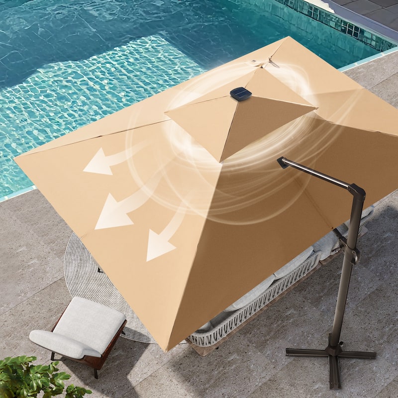 VredHom 9 x 11ft Outdoor Rectangular Dual Top Cantilever Patio Umbrella LED Light with HDPE Base