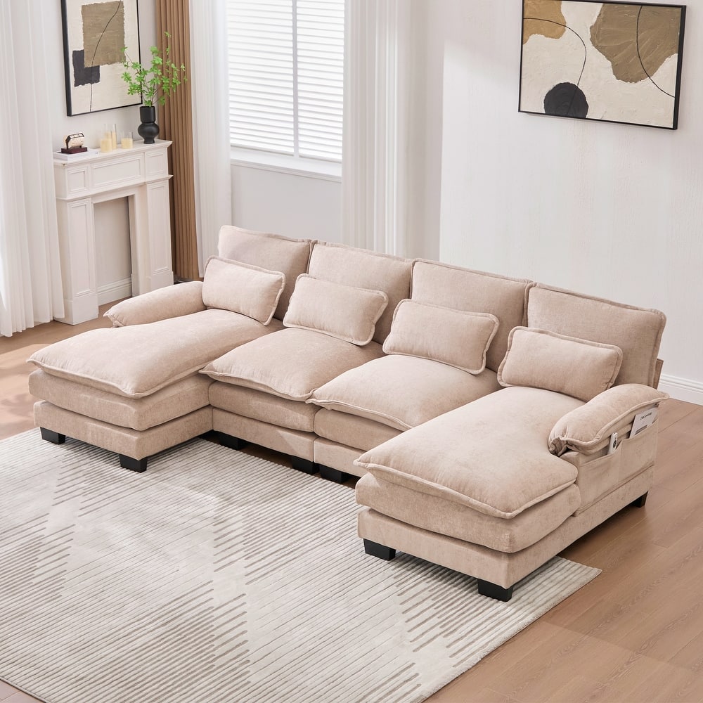 HOMEFUN Chenille Upholstered U-Shaped Modular Wood Frame Sleeper Sectional Sofa with Double Chaise