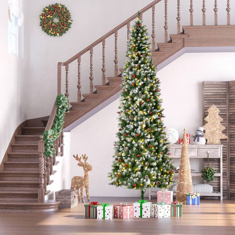Snow-Flocked Artificial Christmas Tree with LED Lights, Pine Cones & Red Berries, 6ft, 7.5ft, 9ft