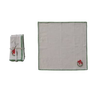 4-Piece Square Printed Napkins with Embroidered Wreath, Appliqued Bow and Blanket Stitch Edge