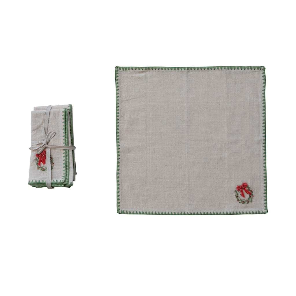 4-Piece Square Printed Napkins with Embroidered Wreath, Appliqued Bow and Blanket Stitch Edge