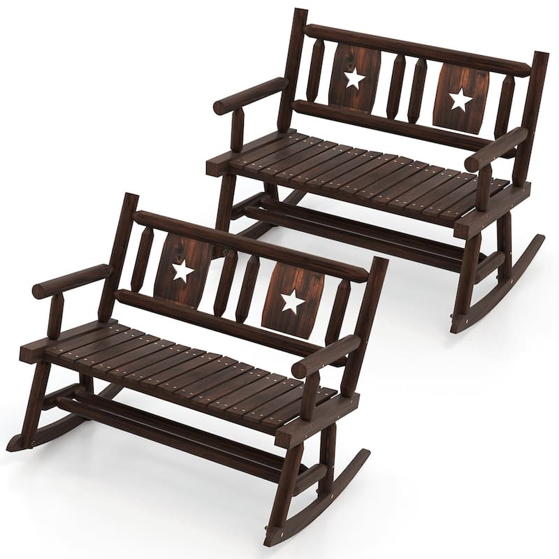 Costway 2 PCS Patio Rocking Bench Carbonized Wood Double Rocker Chair - See Details - Rustic Brown