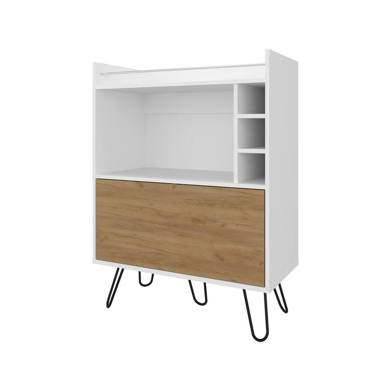 Otho Bar Cabinet with Drop-Down Door, Wine Storage, Open Shelves, and Hairpin Legs